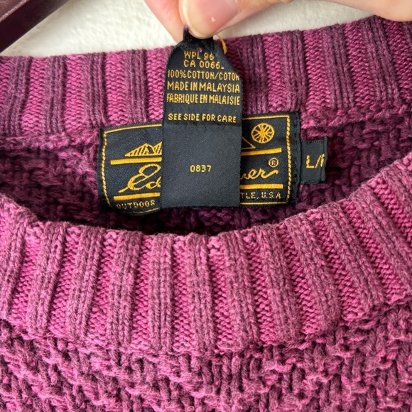 Vintage Eddie Bauer Chunky Knit Sweater In Burgundy 100% Cotton Women’s Sz Large - Picture 2 of 5